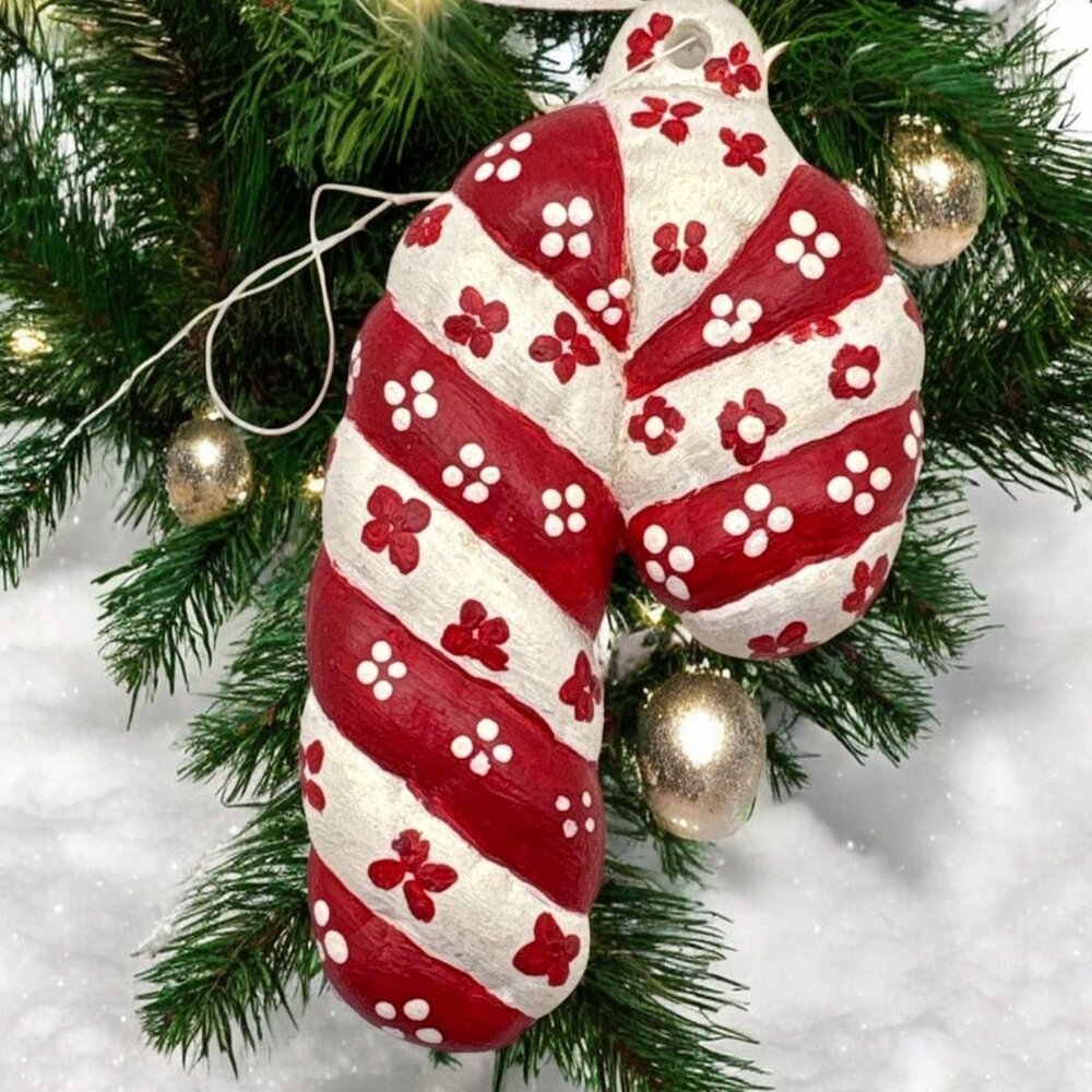 Vintage Candy Cane Christmas Ornament Red & White Floral Design Handpainted